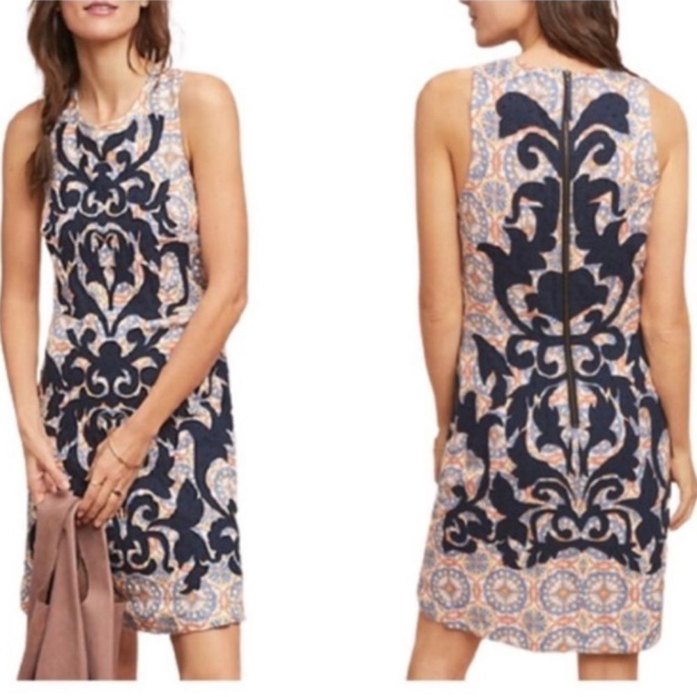 Anthropologie Vanessa Virginia Navy Geometric Linen Sleeveless Shift Dress 4